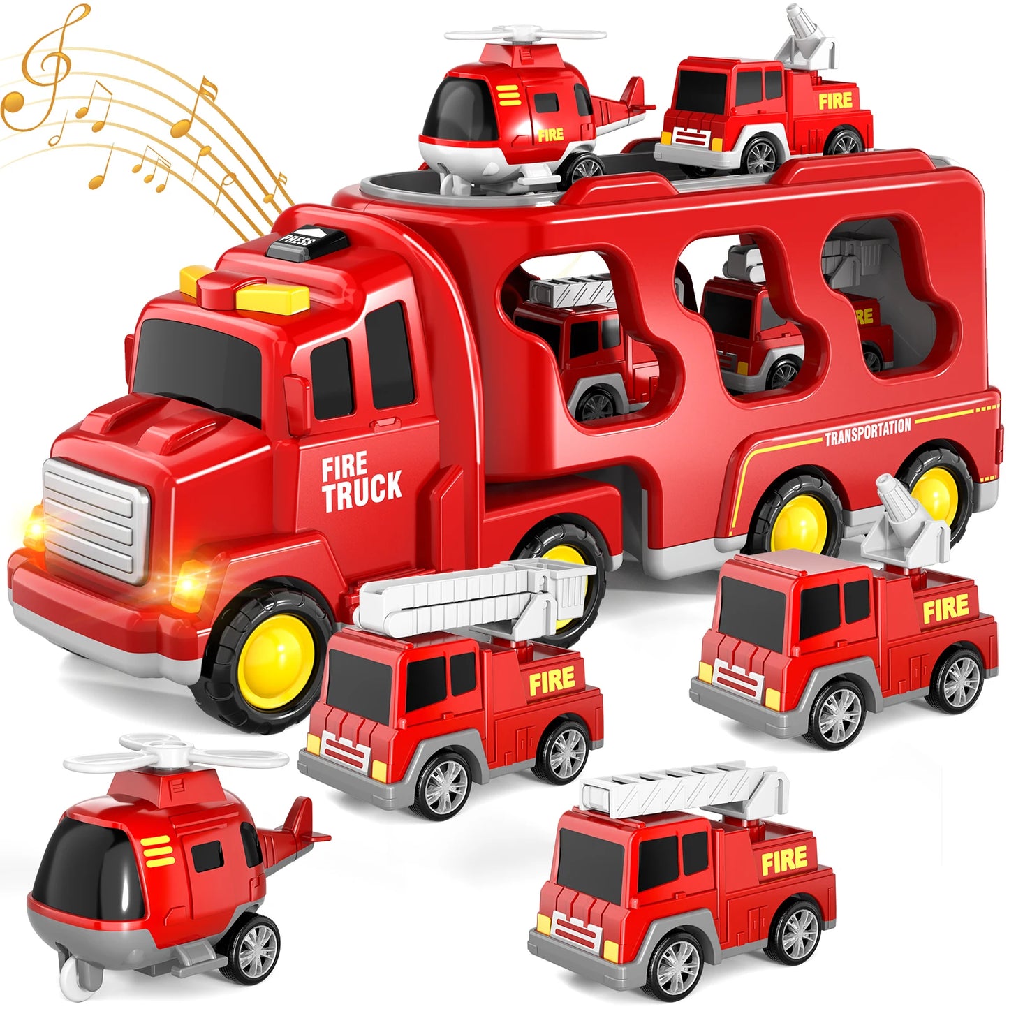 5 In 1 Red Fire Truck Carrier Toy With Lights And Cars