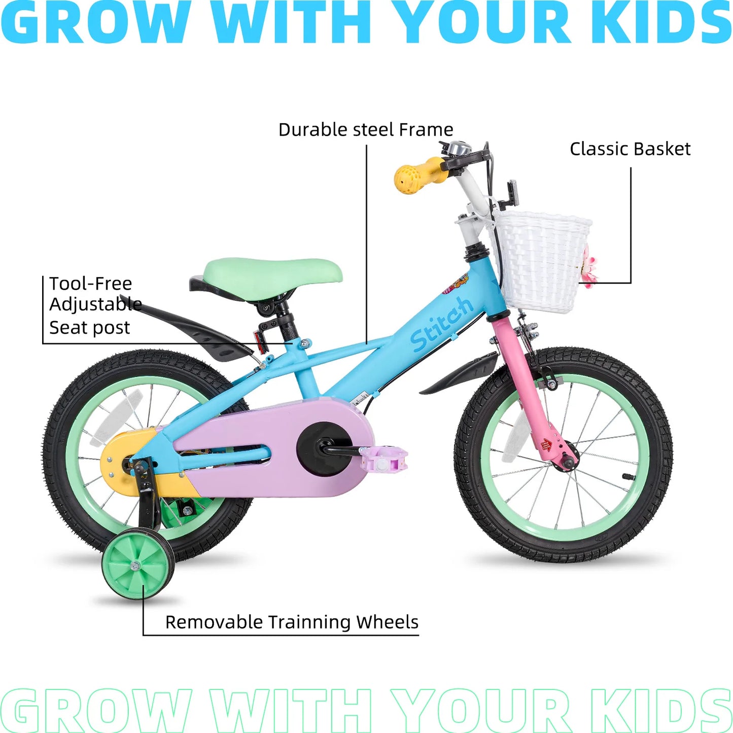 *14 Inch Kids Bike for 3-5 Years Old, 14 Inch Girls Bike with Baskets & Stabilisers,