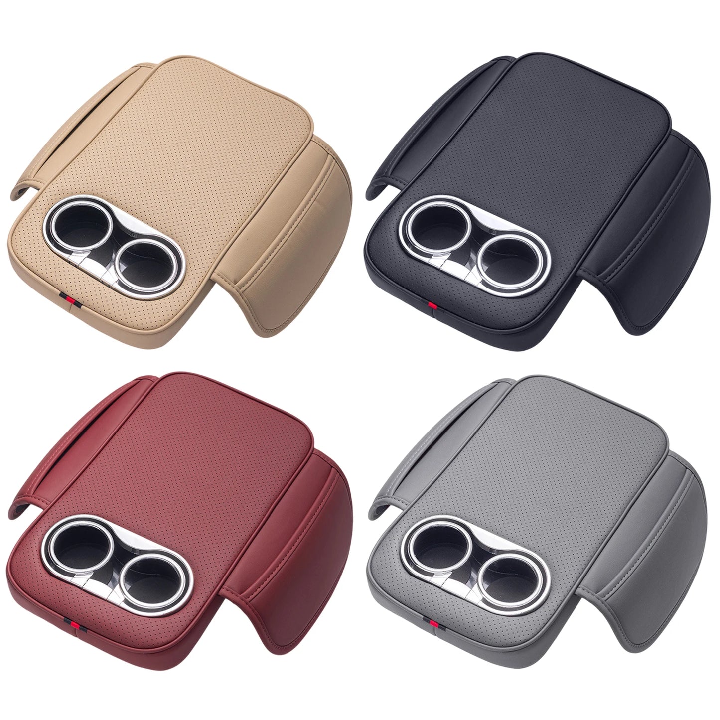 Car Armrest Cushion With 2 Cup Holder And Side Pocket PU Leather