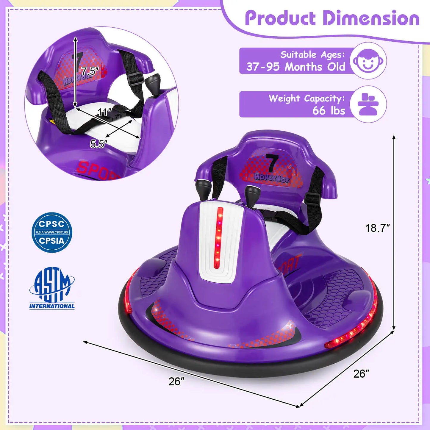 12V Electric Bumper Car For Toddlers Kids 360 Spin Purple