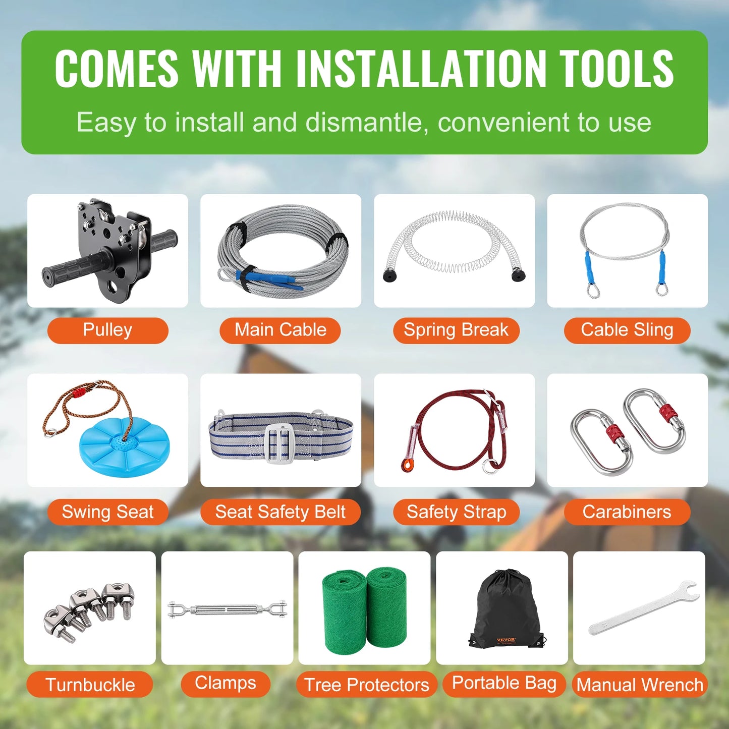 Outdoor Zipline Kit With Stainless Steel Harness Seat