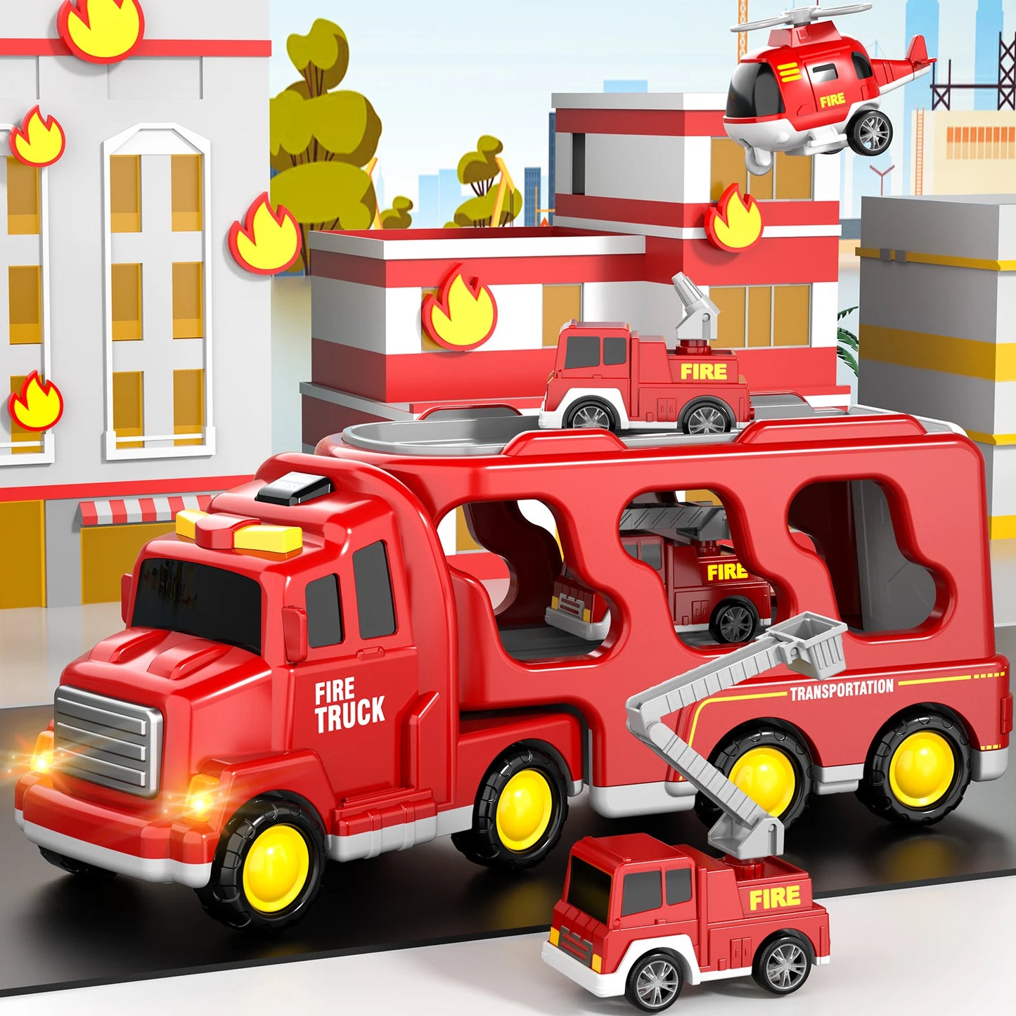 5 In 1 Red Fire Truck Carrier Toy With Lights And Cars