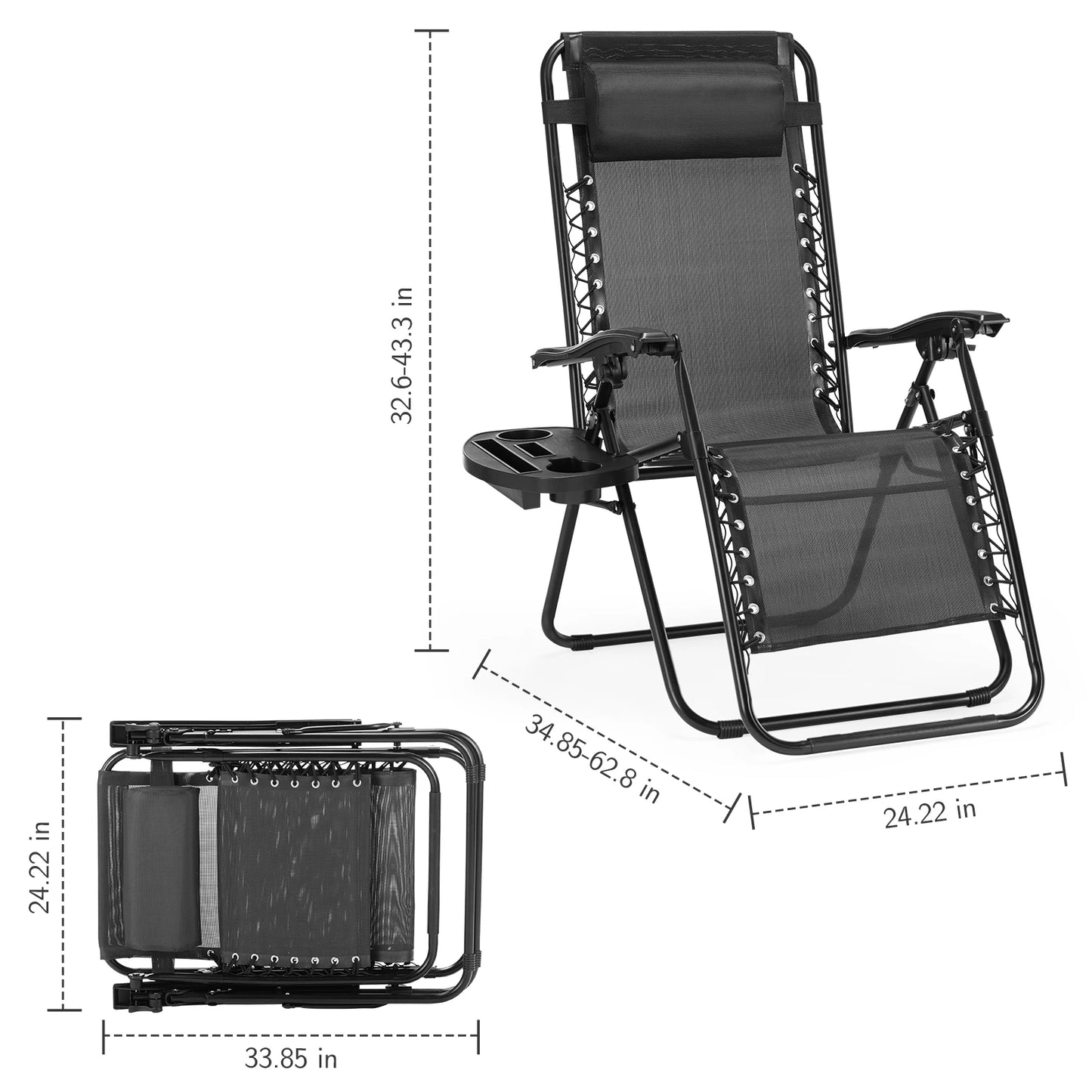 Set Of 2 Portable Recliner Camping Lounge Chairs With Cup