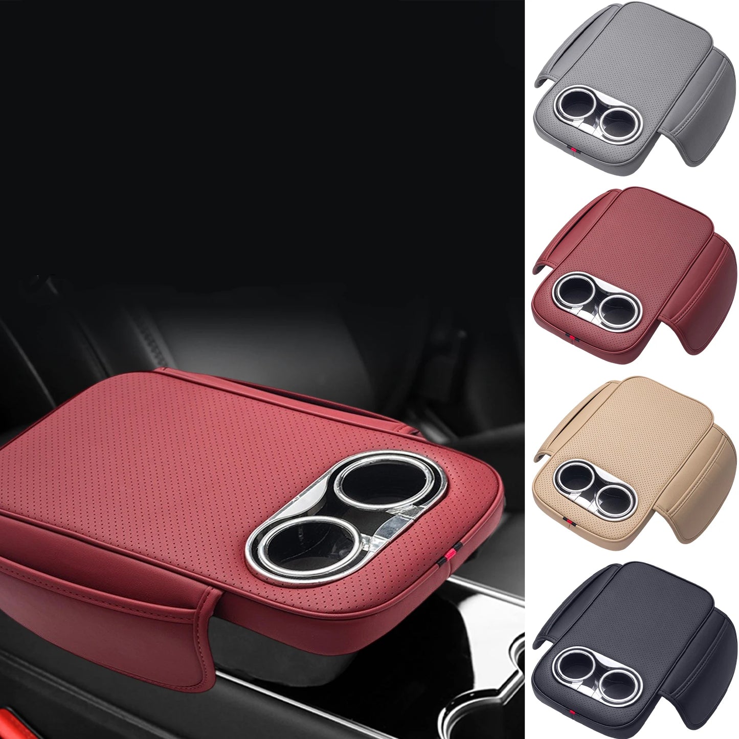 Car Armrest Cushion With 2 Cup Holder And Side Pocket PU Leather