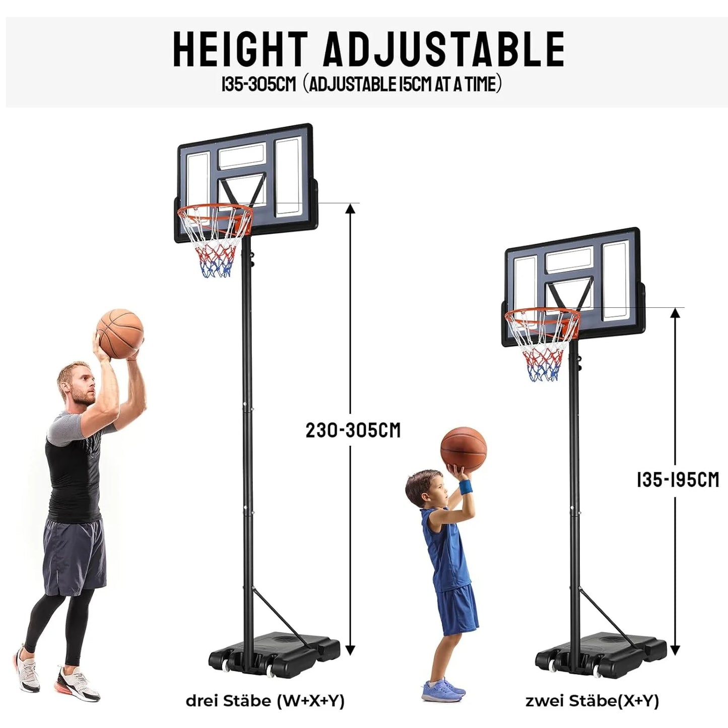 Basketball Hoop with Wheels Height Adjustable 305cm Fit Base
