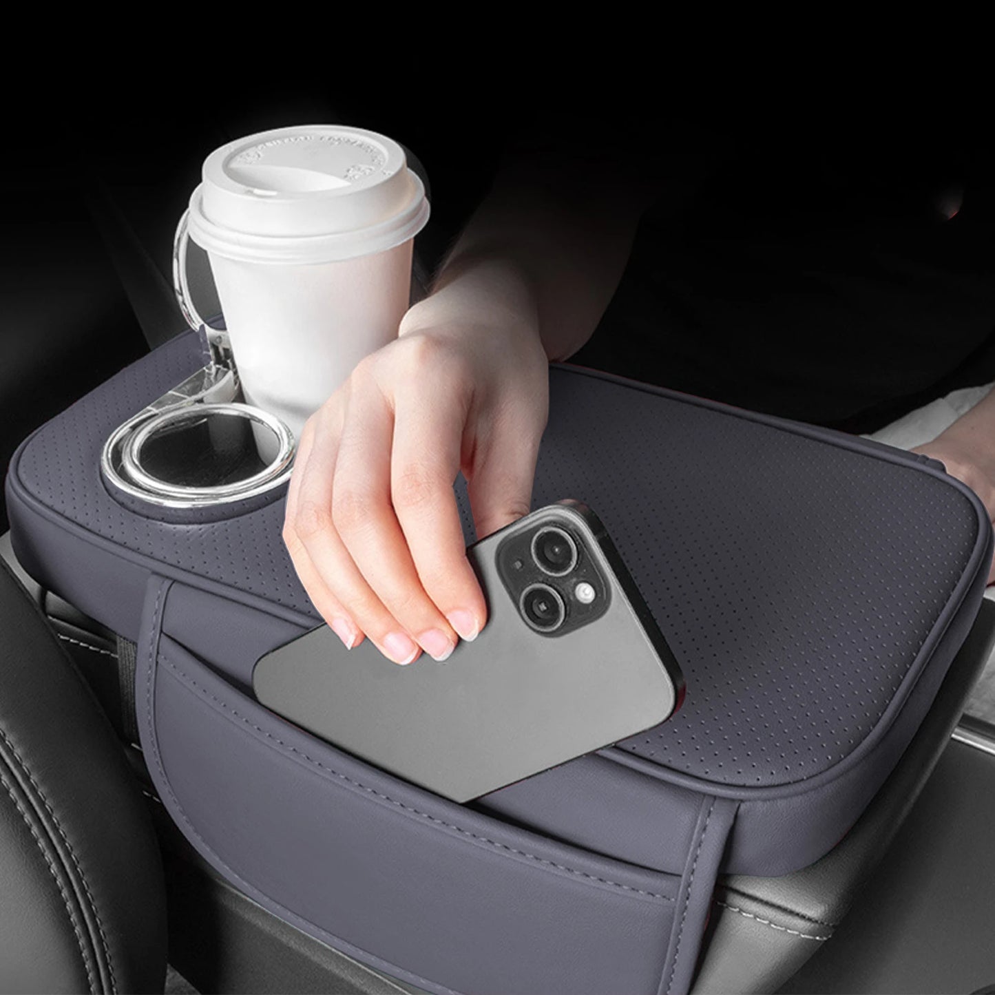 Car Armrest Cushion With 2 Cup Holder And Side Pocket PU Leather