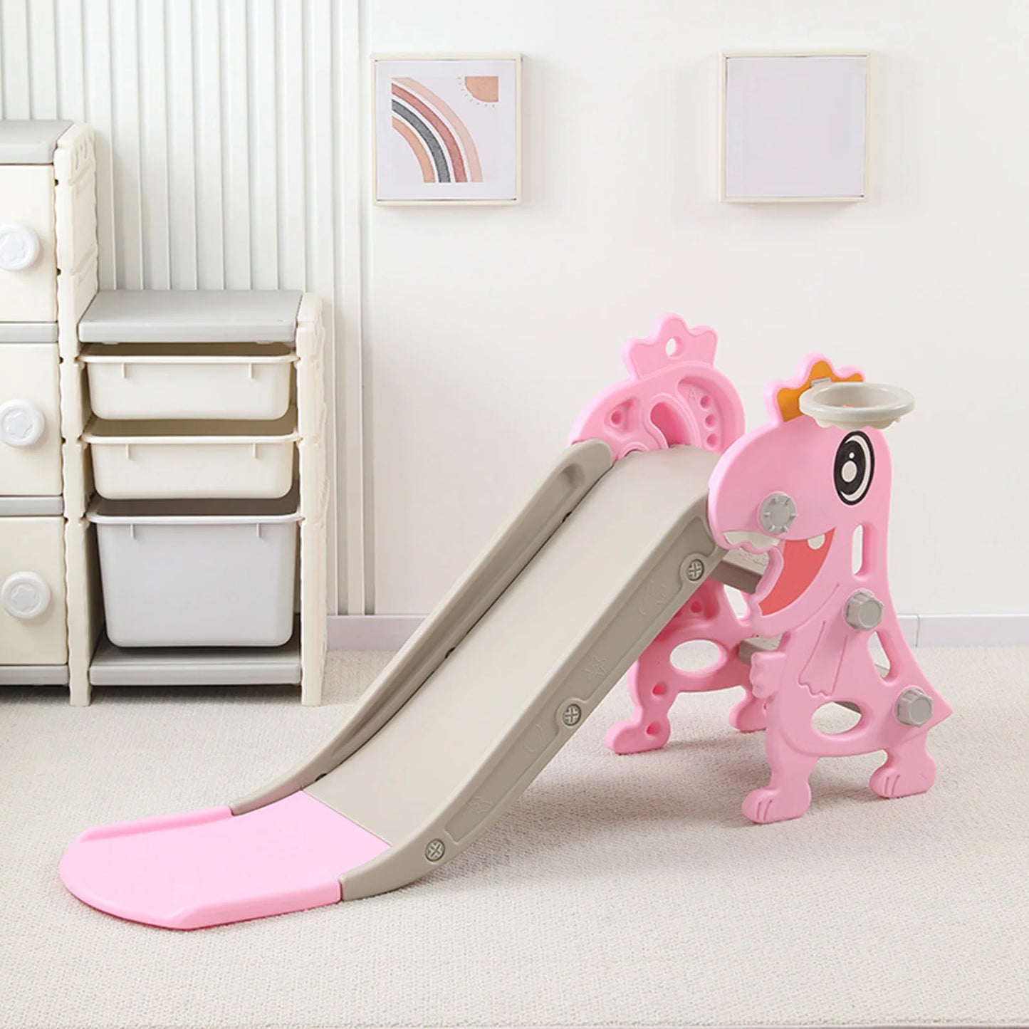 Kids Slide Dinosaur Shape Non Slip Stairs Foldable Toddler Indoor Slide Stable Structure with Basketball Hoop Climber for Home