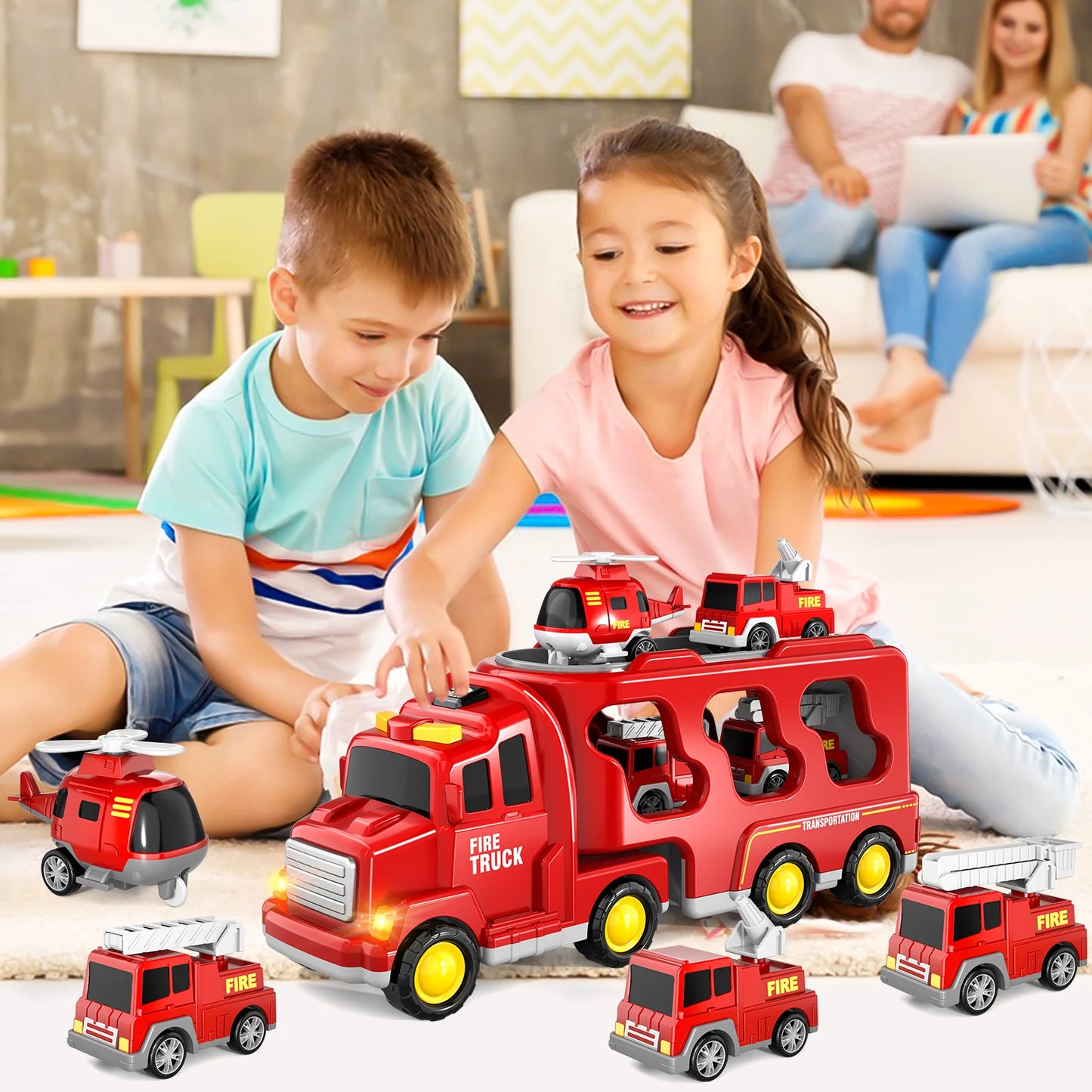 5 In 1 Red Fire Truck Carrier Toy With Lights And Cars