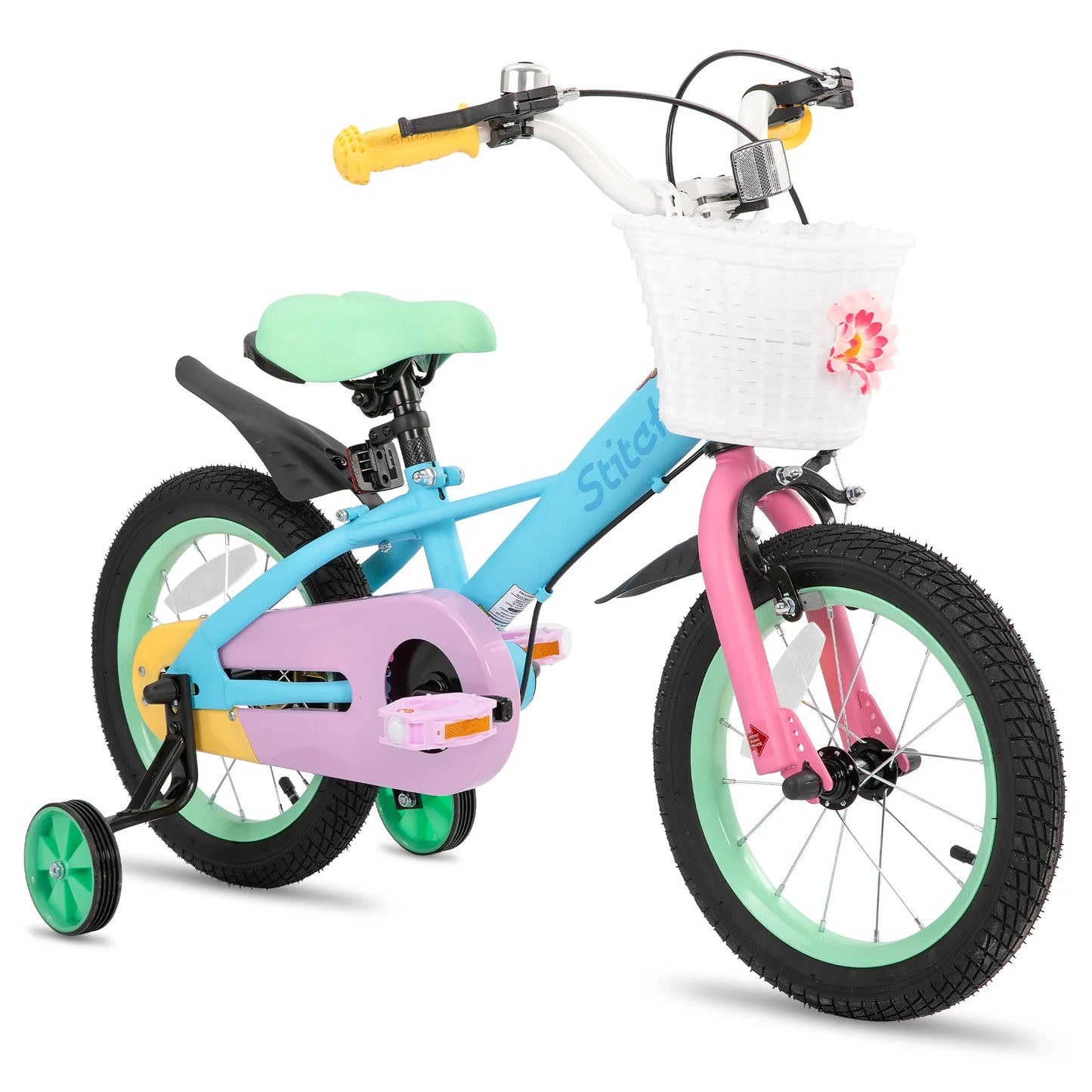 *14 Inch Kids Bike for 3-5 Years Old, 14 Inch Girls Bike with Baskets & Stabilisers,