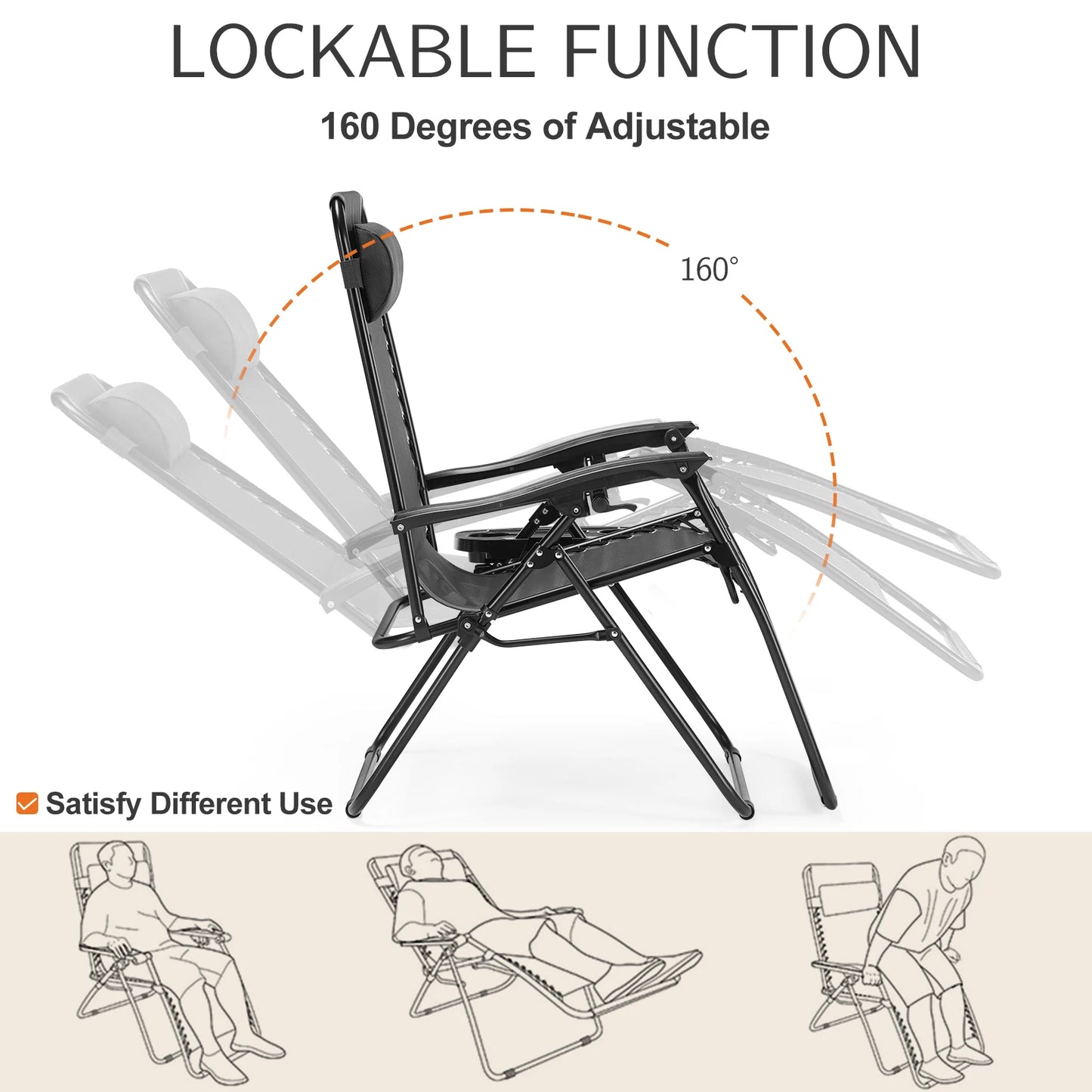 Set Of 2 Portable Recliner Camping Lounge Chairs With Cup