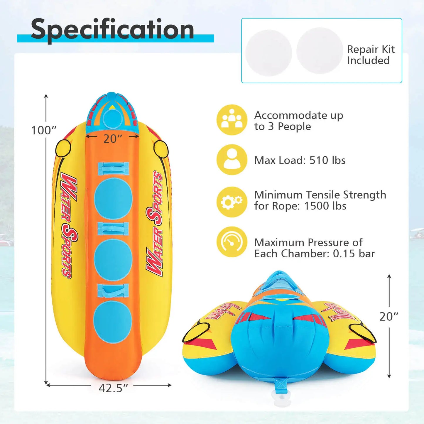 Three Person Inflatable Banana Boat With EVA Padded Seats