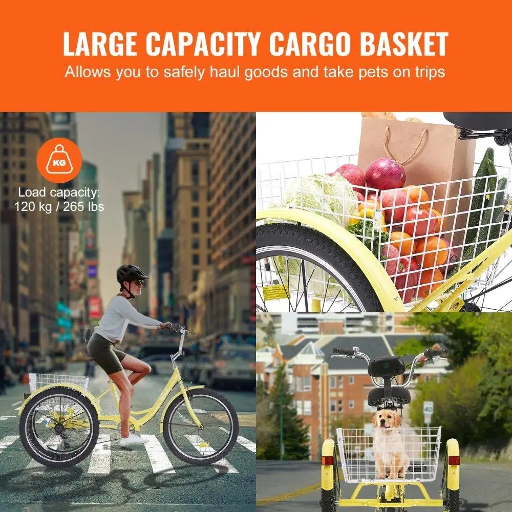 *Adult Tricycles Bike, 26 Inch Three-Wheeled Bicycles, Carbon Steel with Basket