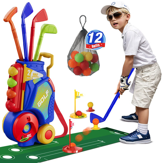 Toddler Golf Set, Upgraded Kids Golf Clubs with 12 Balls, Putting Mat, Shoulder Strap,