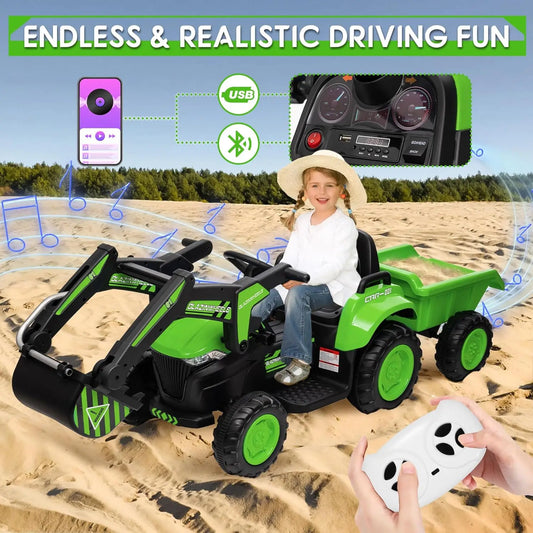 12V 3 In 1 Ride On Excavator Tractor With Remote Trailer