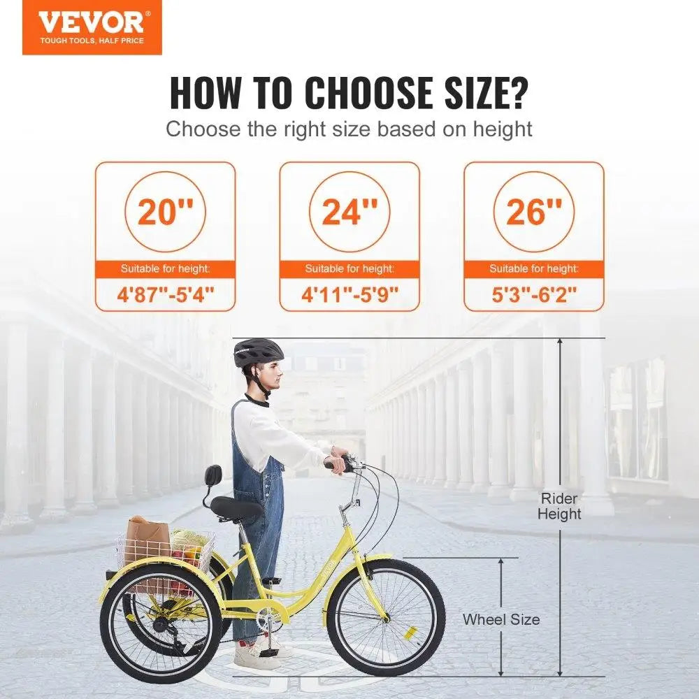*Adult Tricycles Bike, 26 Inch Three-Wheeled Bicycles, Carbon Steel with Basket