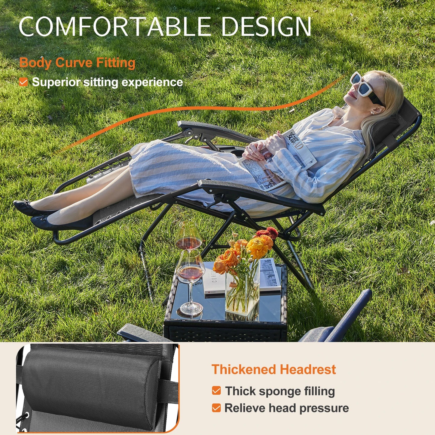 Set Of 2 Portable Recliner Camping Lounge Chairs With Cup