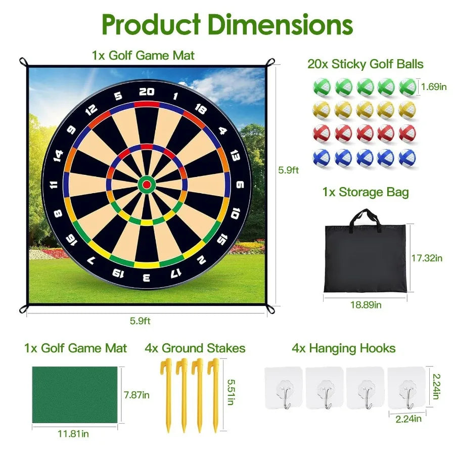 Golf Chipping Dart Game Mat Set With 20 Sticky Balls Ground Stakes Hanging Hooks Carrying Bag