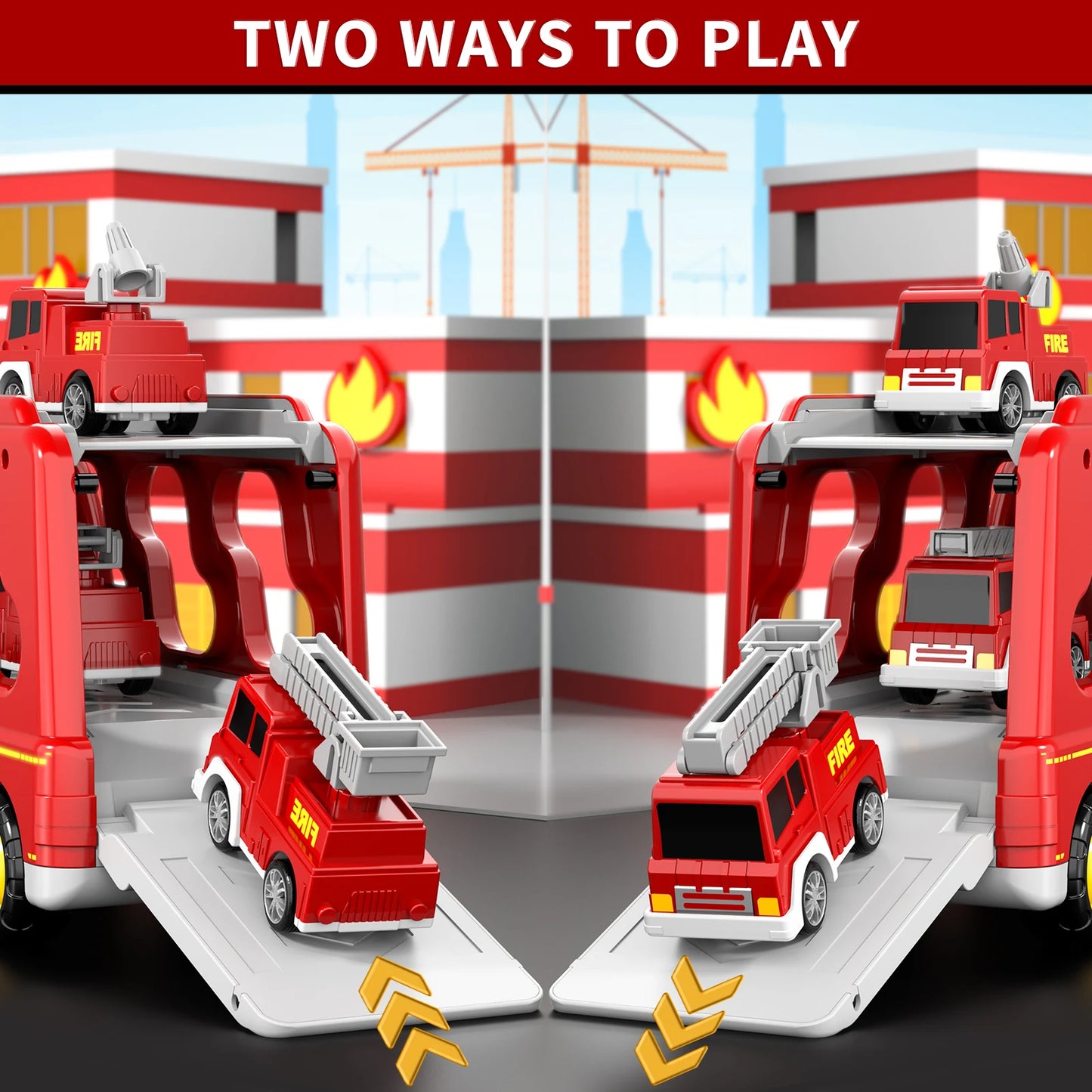 5 In 1 Red Fire Truck Carrier Toy With Lights And Cars