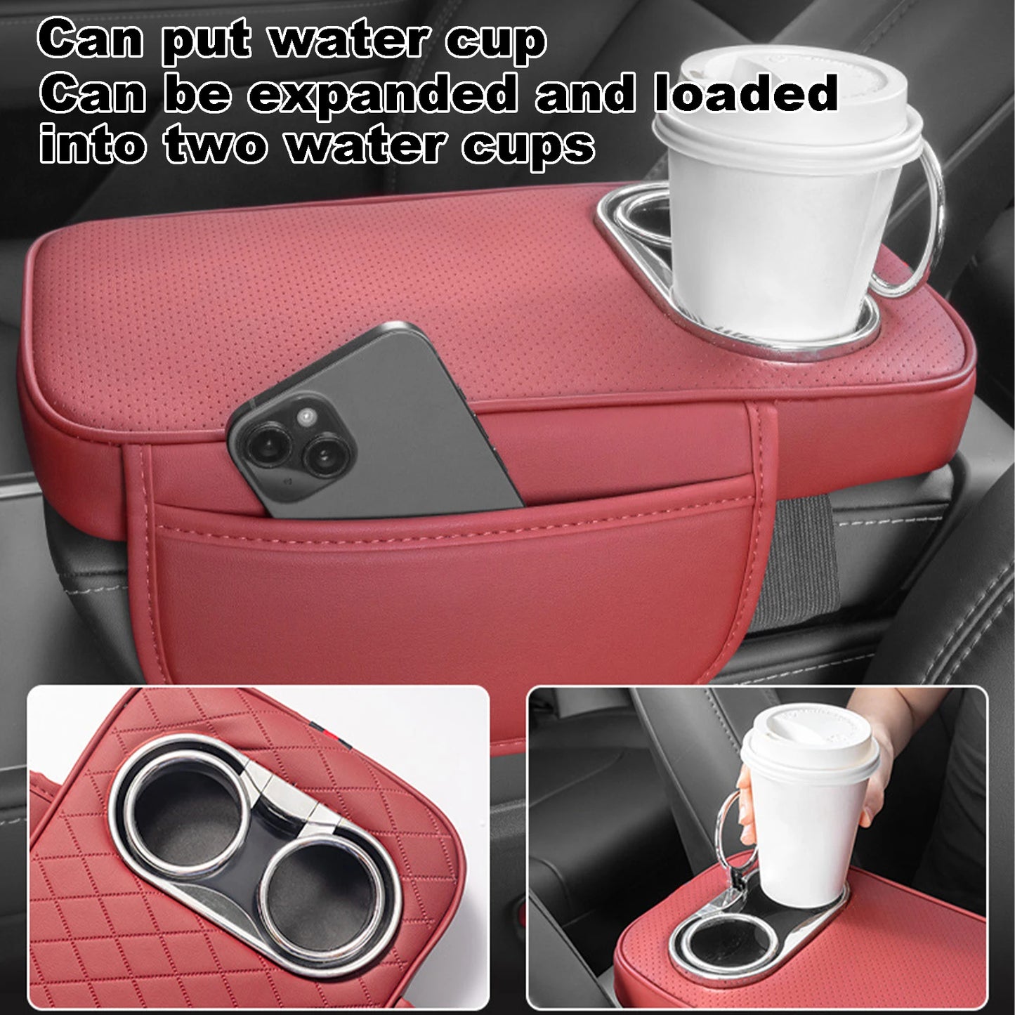 Car Armrest Cushion With 2 Cup Holder And Side Pocket PU Leather