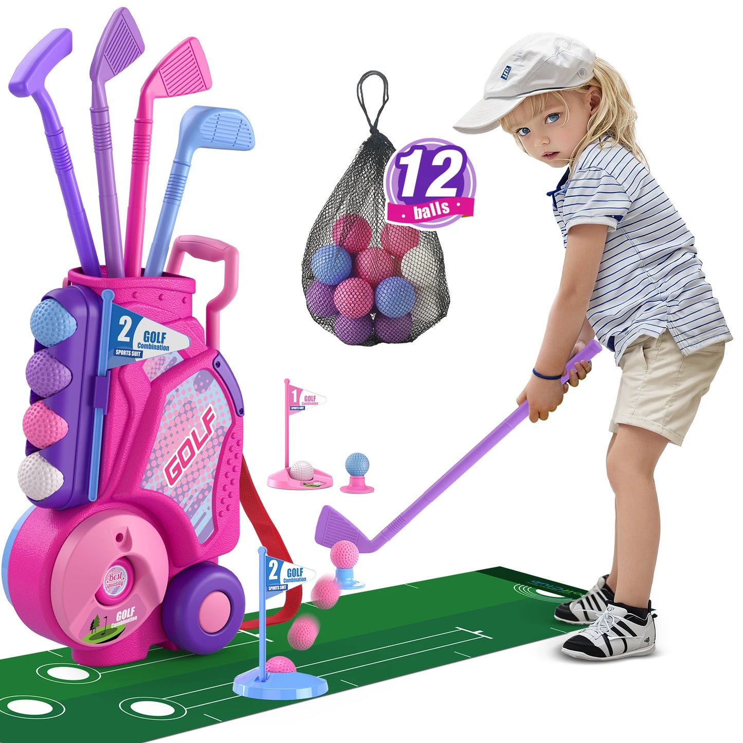 Toddler Golf Set, Upgraded Kids Golf Clubs with 12 Balls, Putting Mat, Shoulder Strap,