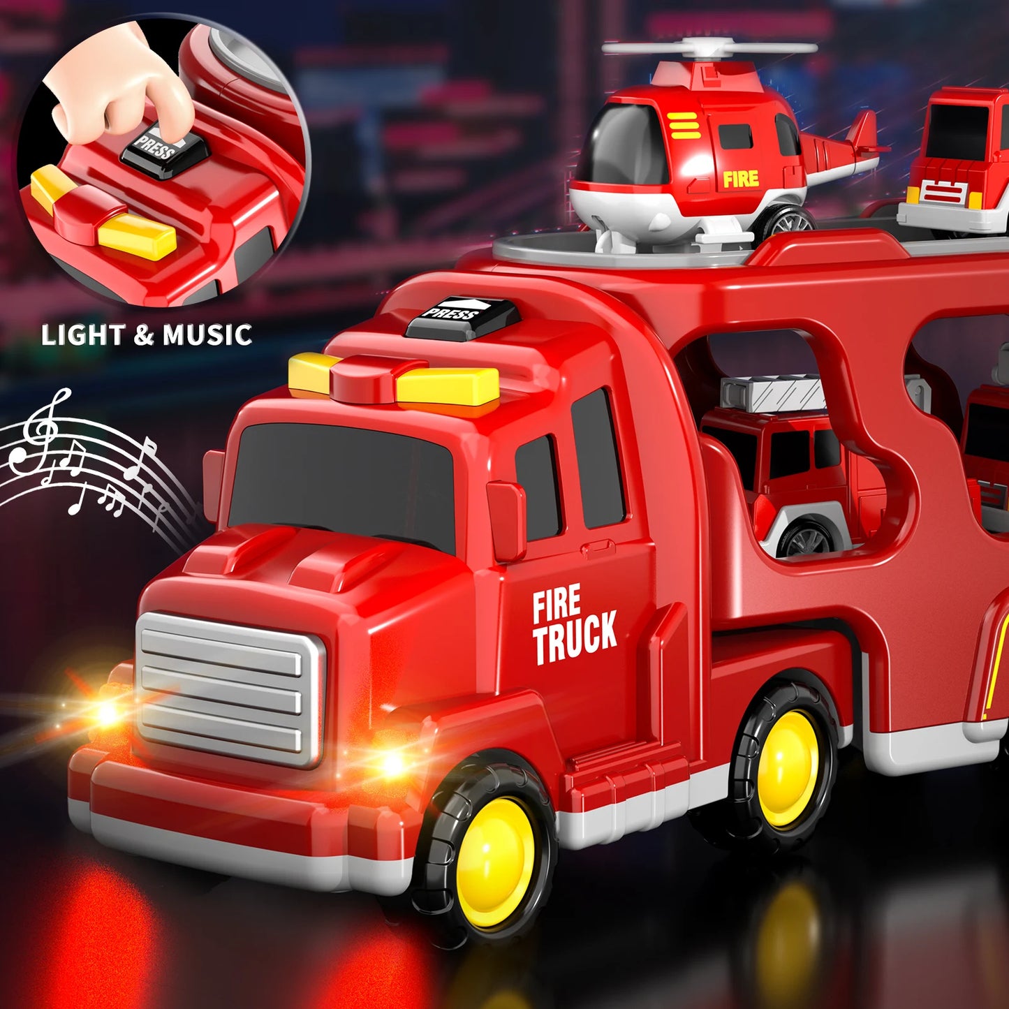 5 In 1 Red Fire Truck Carrier Toy With Lights And Cars
