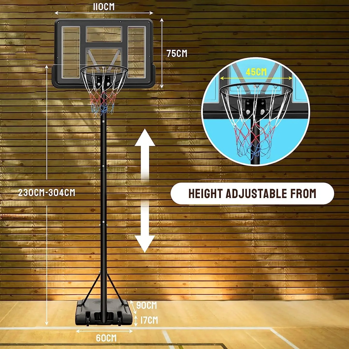 Basketball Hoop with Wheels Height Adjustable 305cm Fit Base