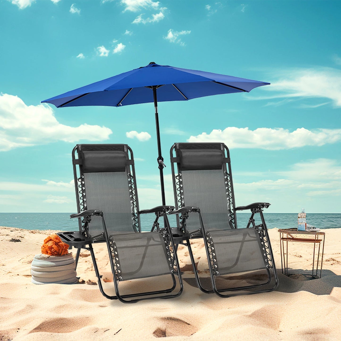 Set Of 2 Portable Recliner Camping Lounge Chairs With Cup