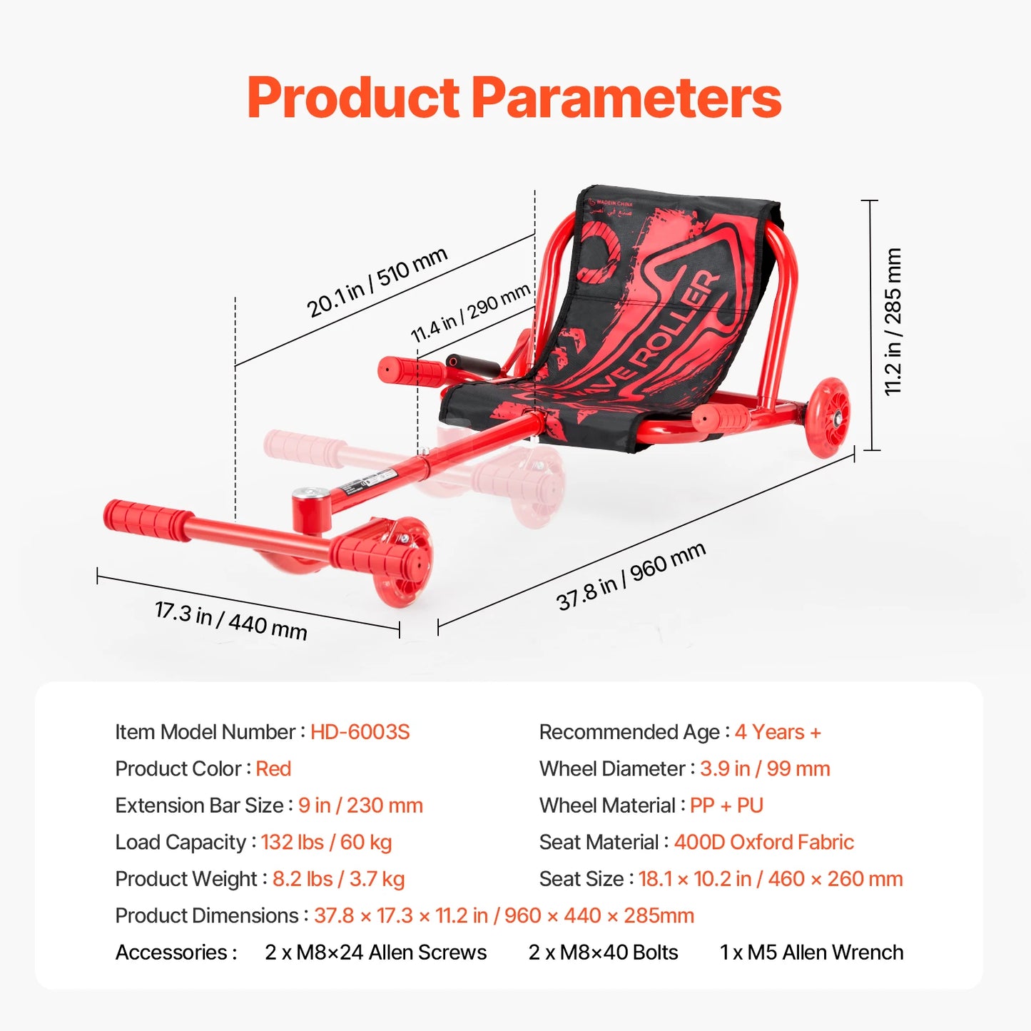 Kids Ride On Scooter Swing 132 to 198 Lbs Capacity Zigzag