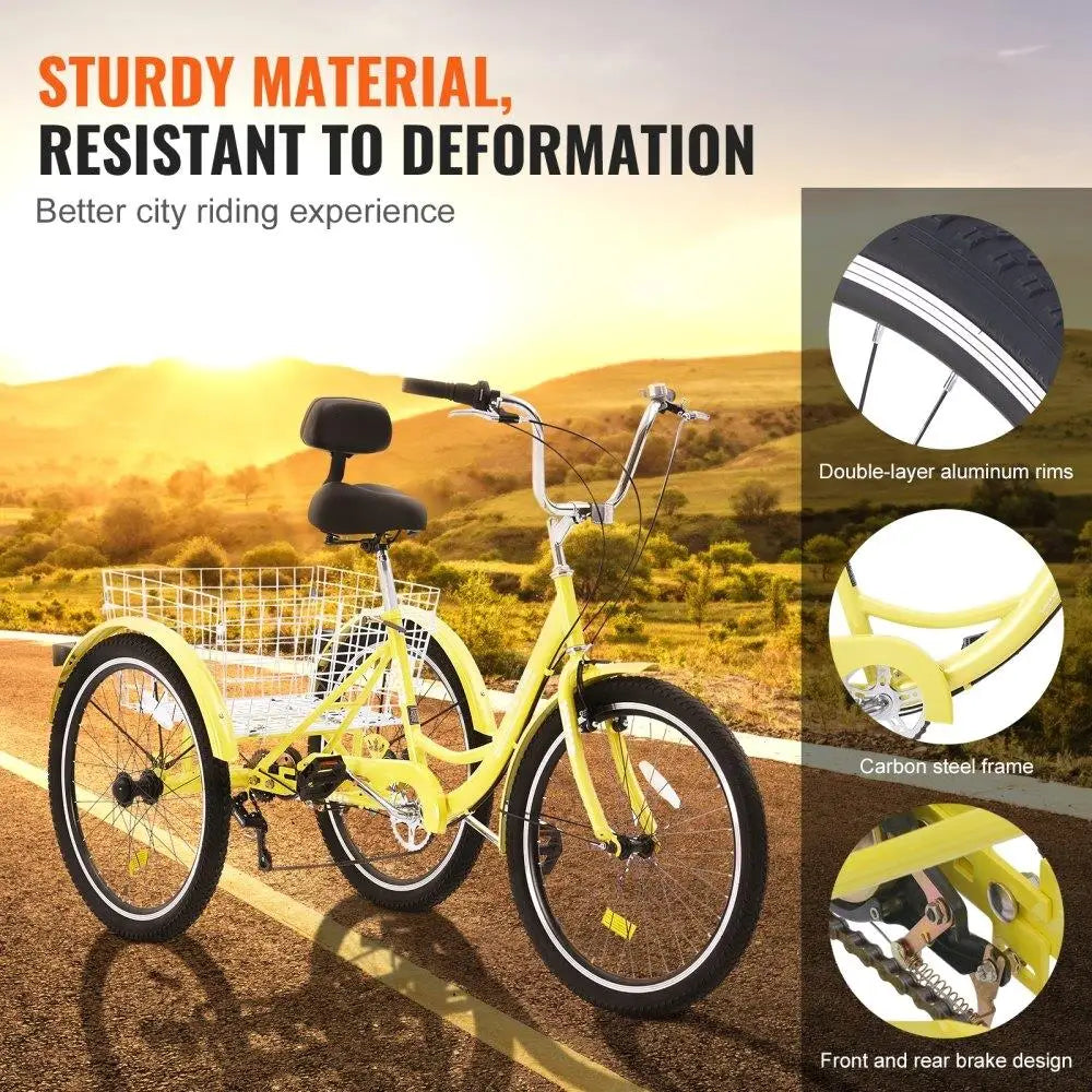 *Adult Tricycles Bike, 26 Inch Three-Wheeled Bicycles, Carbon Steel with Basket
