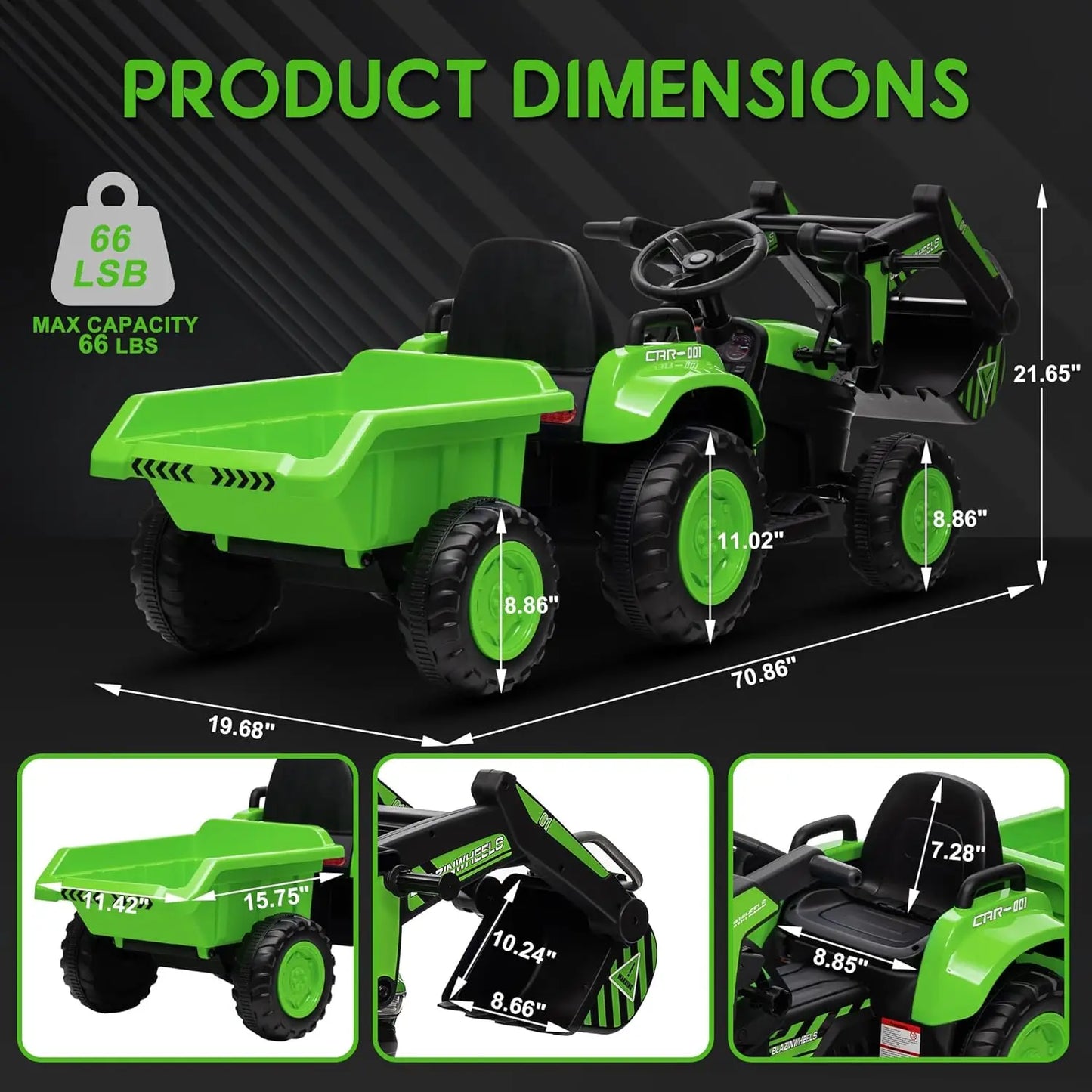 12V 3 In 1 Ride On Excavator Tractor With Remote Trailer