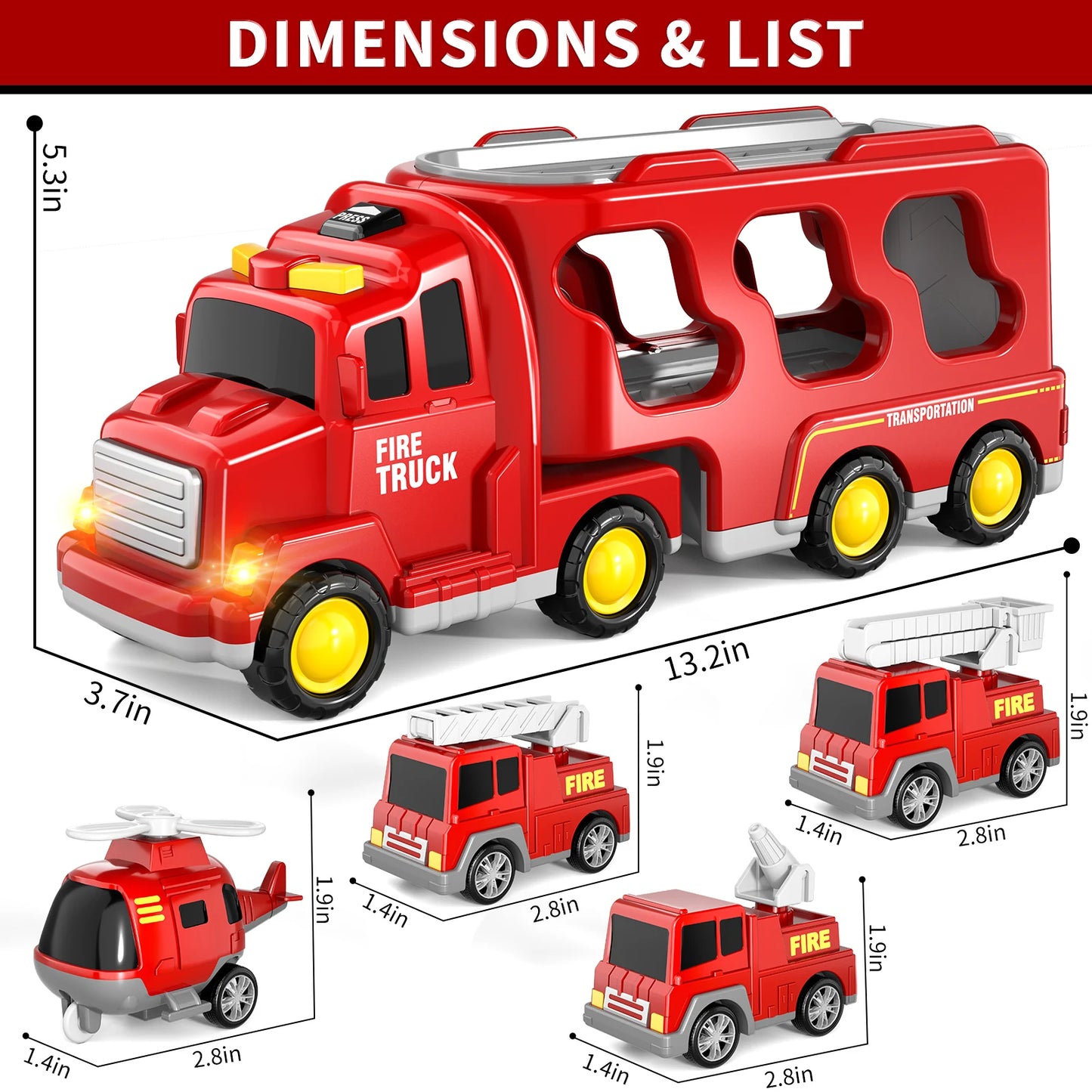 5 In 1 Red Fire Truck Carrier Toy With Lights And Cars