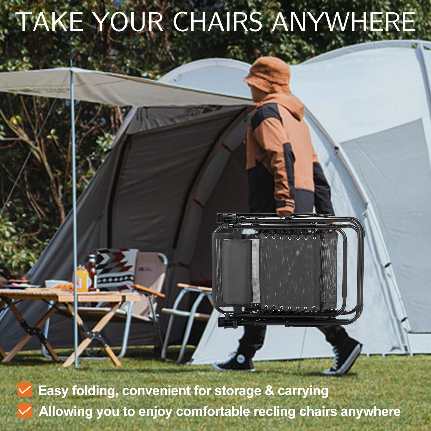 Set Of 2 Portable Recliner Camping Lounge Chairs With Cup