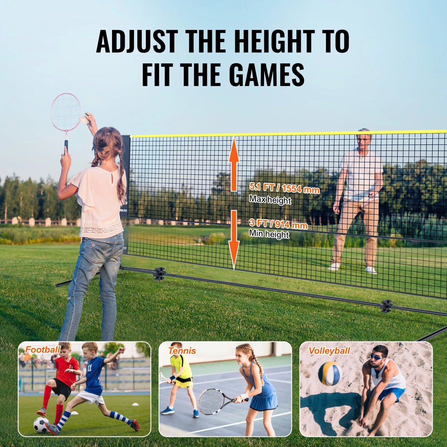 *10/14/17FT Badminton Net Height Adjustable Volleyball Net Wide Foldable