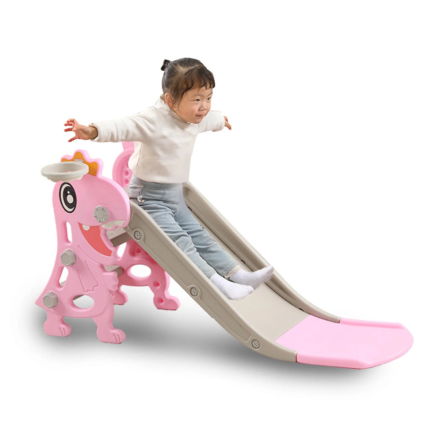 Kids Slide Dinosaur Shape Non Slip Stairs Foldable Toddler Indoor Slide Stable Structure with Basketball Hoop Climber for Home