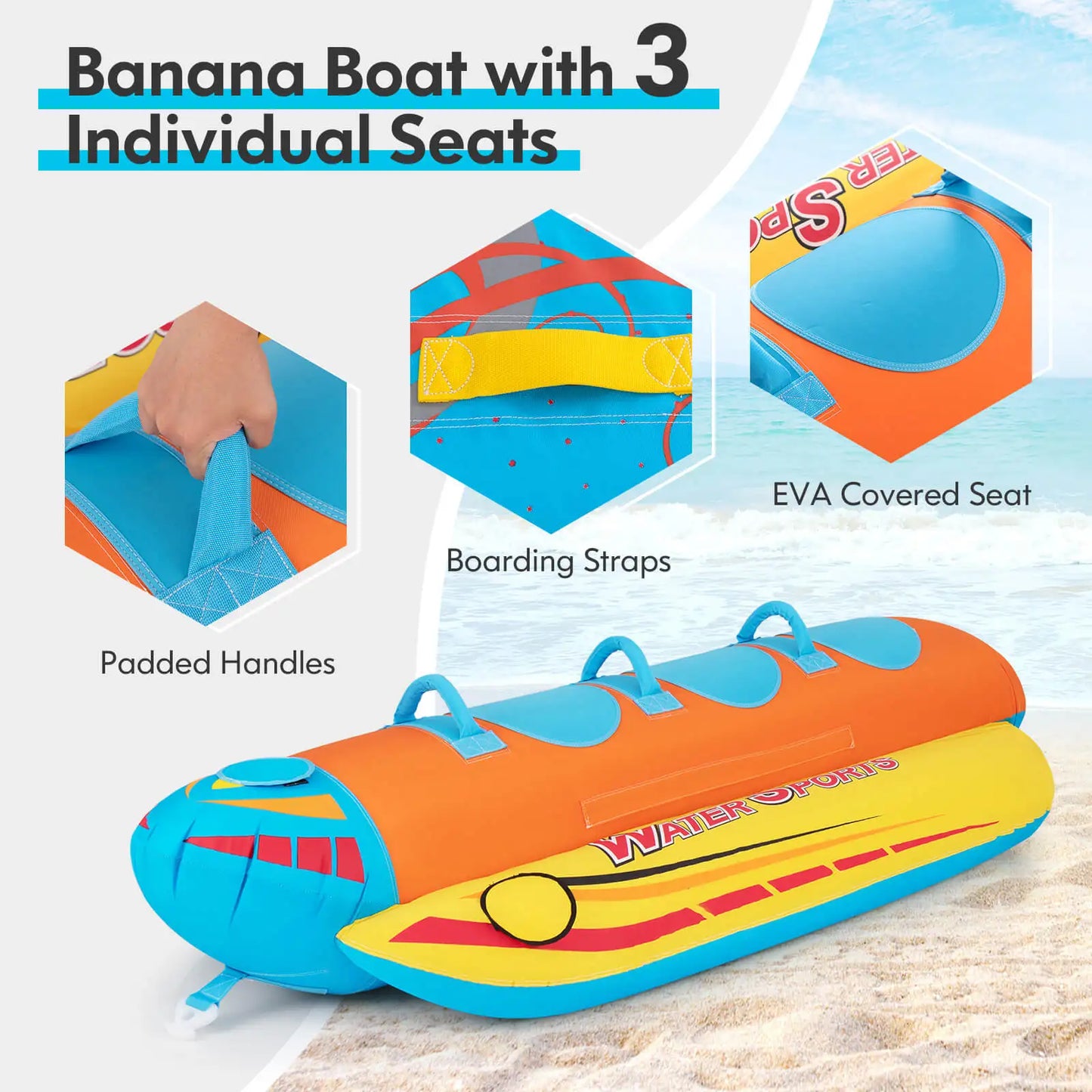 Three Person Inflatable Banana Boat With EVA Padded Seats