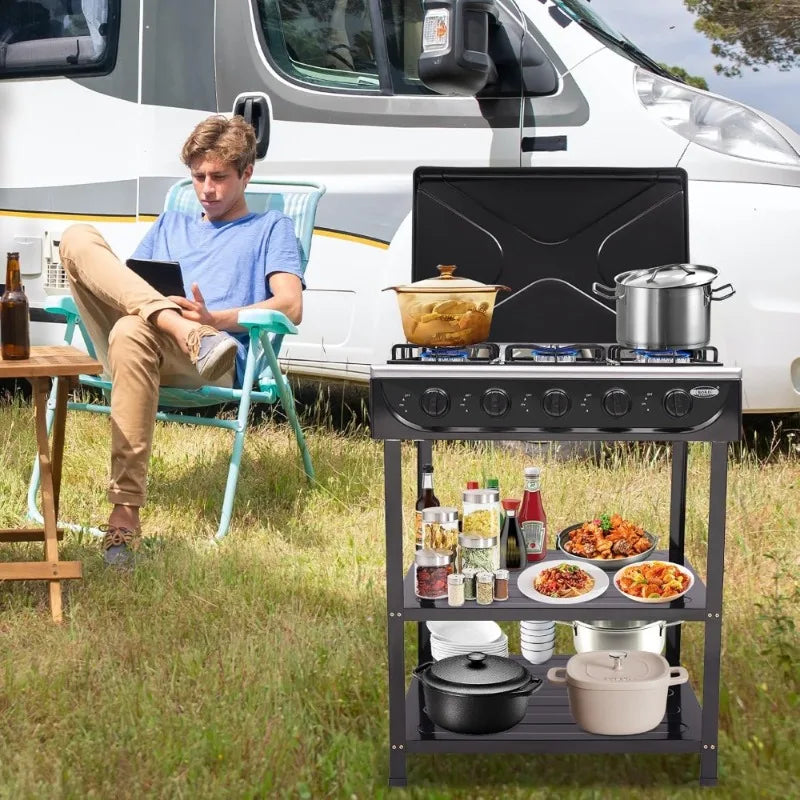 Natural Gas Stove Outdoor 5 Burner Portable Gas Stove with 2 Placement Boards