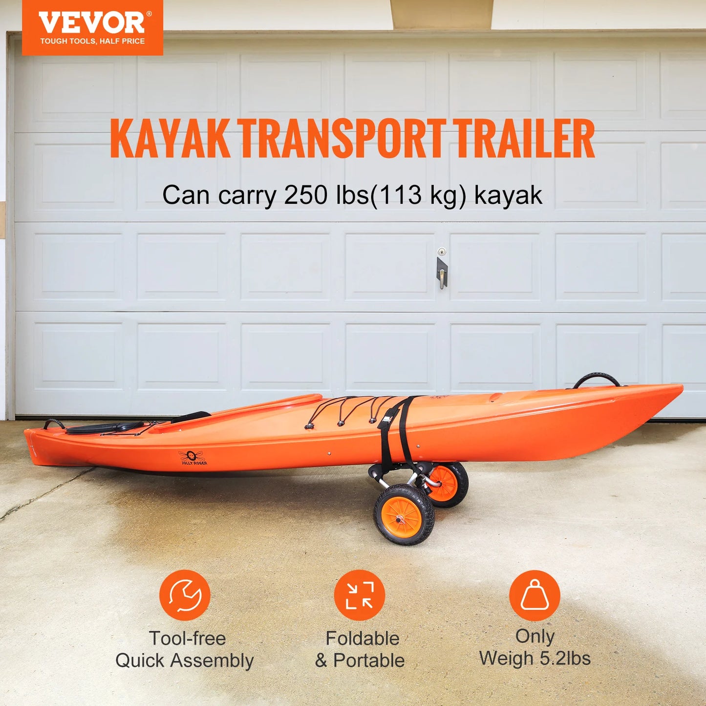 Kayak Cart 250lbs Foldable Canoe Trolley Cart 10 Inch Tires