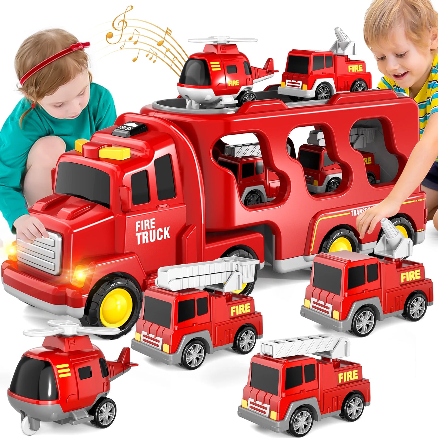 5 In 1 Red Fire Truck Carrier Toy With Lights And Cars